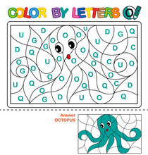 ABC Coloring Book For Children. Color By Letters. Learning The Capital Letters Of The Alphabet. Puzzle For Children. Letter O. Octopus