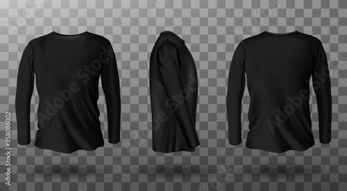 Long sleeve t-shirt for man front, side and back view. Vector realistic mockup of male black tee