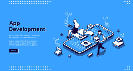 Wall Mural - mobile app development isometric landing page. user experience, ui ux phone interface design creatio