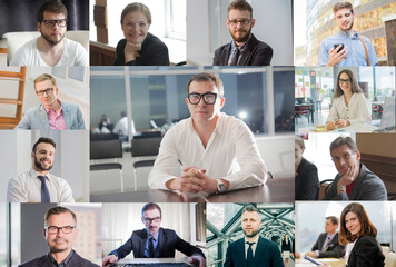 
Webcam laptop screen view many faces of diverse people involved in group 

videoconference on-line meeting lead by businessman leader, team using 

video call app