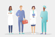 © coffee-hop - Hospital medical staff, doctor characters. Surgeon, head physician, paramedic with a suitcase, a nurse in uniform at the clinic. The concept of medical profession.