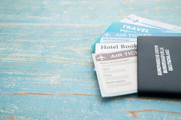 concept of travel trip planning on the blue table background