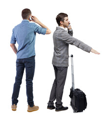 Wall Mural - Back view of two business men in suit pointing.