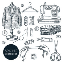 Tailored Fashionable Mens Suit. Sewing Tailor Tools Vector Hand Drawn Sketch Illustration. Business Of Making Clothes