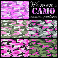 Set of women's camouflage seamless patterns.Pinkish, urban and woodland color scheme.