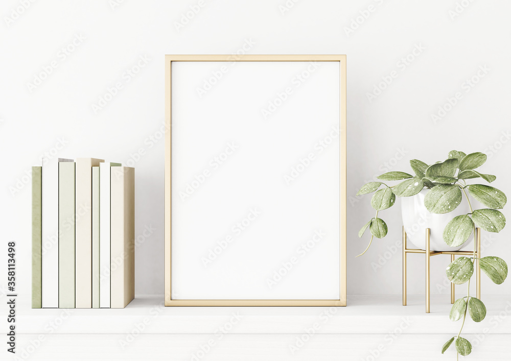 Poster mockup with vertical gold metal frame on the table with green ...