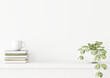 Interior wall mockup with green plant in pot and pile of books with cup on empty white background with free space on center. 3D rendering, illustration.