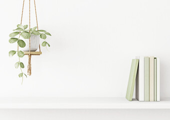 Poster - Interior wall mockup with green plant in hanging pot and books on the shelf on empty white background with free space on center. 3D rendering, illustration.