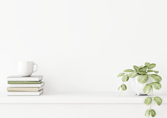 Poster - Interior wall mockup with green plant in pot and pile of books with cup on empty white background with free space on center. 3D rendering, illustration.