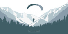Paragliding In Snowy Mountain And Forest Outdoor Adventure Vector Illustration EPS10