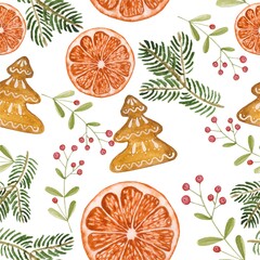 New Year's pattern for fabric and gift wrapping.
With the image of a carrot in the form of a Christmas tree and twigs of berries, a Christmas tree, an orange