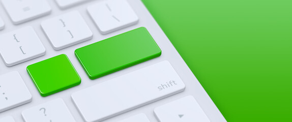 Modern keyboard with blank green keys to enter text or logo with copy space. 3d illustration.