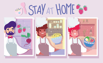 Poster - stay at home, set of chef men in the kitchen, cooking quarantine activities