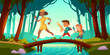 © klyaksun - Hikers walk over bridge crossing river in forest. Vector cartoon illustration with scouts kids with map and backpacks and woman teacher in wood with trees and brook. Children hike, adventure