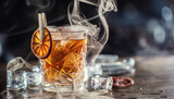 Smoked old fashioned rum cocktail with cubes of ice around on a dark background