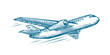 Flying airplane sketch. Air transportation, airline, retro plane vector illustration
