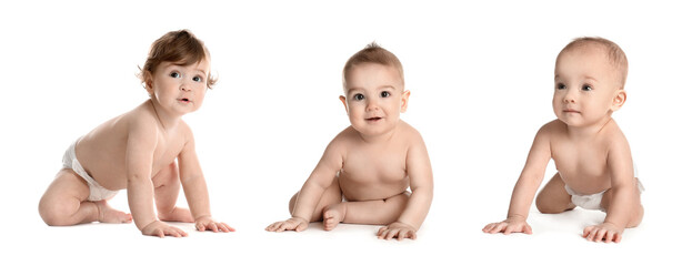 Poster - Collage with photos of cute babies crawling on white background. Banner design