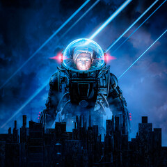 Wall Mural - the final mission / 3d illustration of heroic male science fiction astronaut commander rising behind