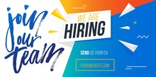Join Our Team, We Are Hiring Banner Template Vector Illustration. Blue Website With Calligraphic Inscription And Button With Web Address. Landing Page Of Headhunters