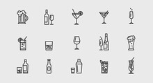 Alcoholic Cocktails Icons Set. Simple Outline Cocktails Icons Isolated On White Background. Set Includes Beer, Mojito, Whiskey. Icons Set For Restaurant, Pub, Bar. Vector Illustration