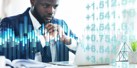Poster - Collage of African American entrepreneur with laptop and business information on virtual screen, blank space