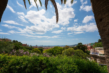 BARCELONA, CATALONIA, SPAIN - JUNE 12, 2020: The famous Parc Güell designed by the architect Gaudi. Without tourists during phase 2 of the Covid-19 deescalation in the city of Barcelona.