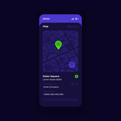 City navigation app smartphone interface vector template. Mobile app page night theme design layout. Place description screen. Flat UI for application. GPS map with address info on phone display