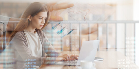 Poster - Collage with woman using laptop for company growth analysis at office and finance statistics on transparent screen