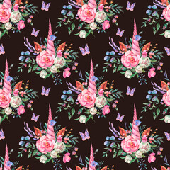 Naklejka na meble Watercolor floral unicorn seamless pattern on white background