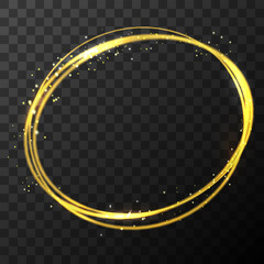 Vector stock gold glitter shine magic round circle frame. Glowing neon sparkle golden border effect on dark transparent background. EPS 10.