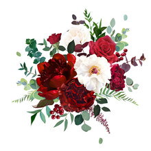 Classic Luxurious Red Rose, Carnation, White Peony, Berry, Burgundy Astilbe, Emerald Eucalyptus