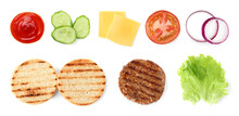 Set Of Ingredients For Delicious Burger On White Background, Top View, Banner Design