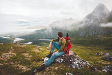Man Hiker Exploring Mountains Of Norway Travel Healthy Lifestyle Adventure Trip Hiking Solo With Backpack Active Vacations Outdoor