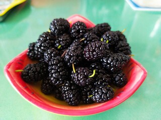 Black ripe mulberries on the red yellow plate on the green background