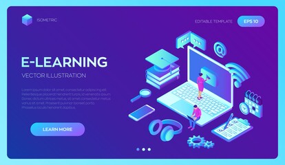 Wall Mural - E-learning. Innovative online education and distance learning concept. Webinar, seminar, conference, teaching, online training courses. Skill development. 3D isometric vector with icons and characters