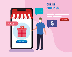 Wall Mural - man buying online during covid 19 , shopping online on website, digital marketing in smartphone, sta