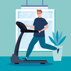 Sticker - exercise at home, man running on treadmill, using the house as a gym vector illustration design