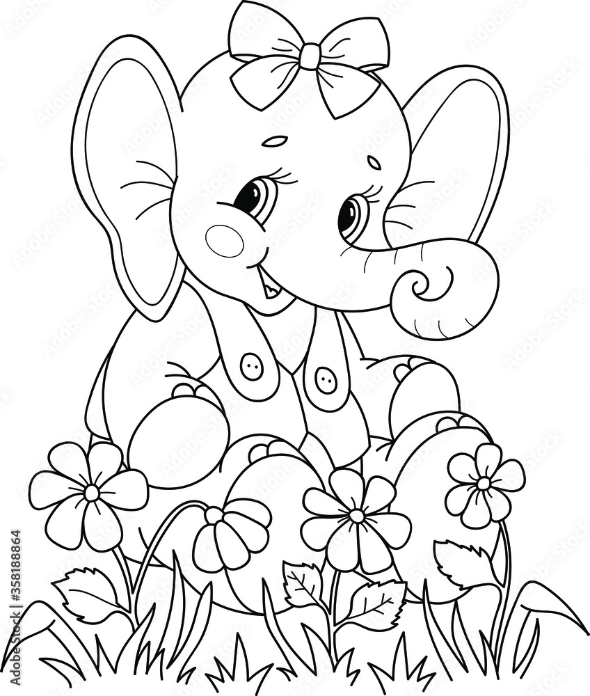Coloring page outline of cartoon smiling cute elephant with flowers ...