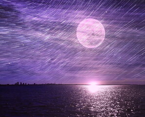 Wall Mural - moonlight at sea and stars fall  on blue lilac   night starry sky at sea on water wave moonlight  light reflection  nature landscape