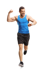 Poster - Male athlete running towards the camera and checking time on smartwatch