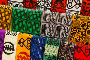 Traditional West African fabric for sale at a market in Ntonso, Ghana, West Africa