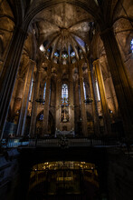 Interior Of Barcelona’s Cathedral With Tha Altar
