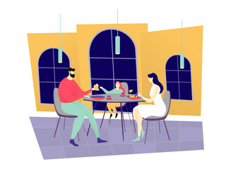 Wall Mural - Young family dinner restaurant, character father mother and daughter sitting cozy cafe isolated on white, flat vector illustration. People spend luncheon time together, design inn place.