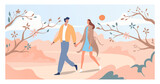 Fototapeta  - Lovely couple walk springtime bloom tree and flower, lover male female stroll spring period garden flat vector illustration. Person resting national park, man woman hold hand romantic date.