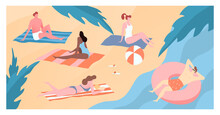 Modern Character People Travel Hot Country Seashore, Male Female Sunbathers Sand Beach Flat Vector Illustration. Man Lay Rubber Ring Ocean, Tropical Vacation Place. Peacefully Rest Area.