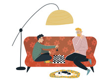 Male Friend Character Play Difficult Chess, Cozy Room Place Couch Isolated On White, Flat Vector Illustration. Person Spend Fun Time Checkers, Dog Lay Warm Rug. Men Sitting Sofa And Communicate.