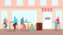 Street Cafe Exterior, City Architecture Vector Illustration. People Character Outside Cartoon Restaurant, Outdoor Tables For Man Woman. Urban Building, Drink Coffee And Leisure, Summer Terrace.