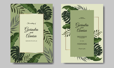  Wedding invitation card template set with tropical leaves decoration Premium Vector