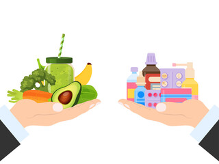 Drug tablet and healthy vegetable nutrition choice, vector illustration. Vitamin in cure pill and natural fresh green product. Healthcare by medicine pharmacy and alternative organic plant.