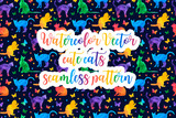 Fototapeta Młodzieżowe - Colorful watercolor seamless pattern with cute cats and butterflies isolated on black background. vector eps10